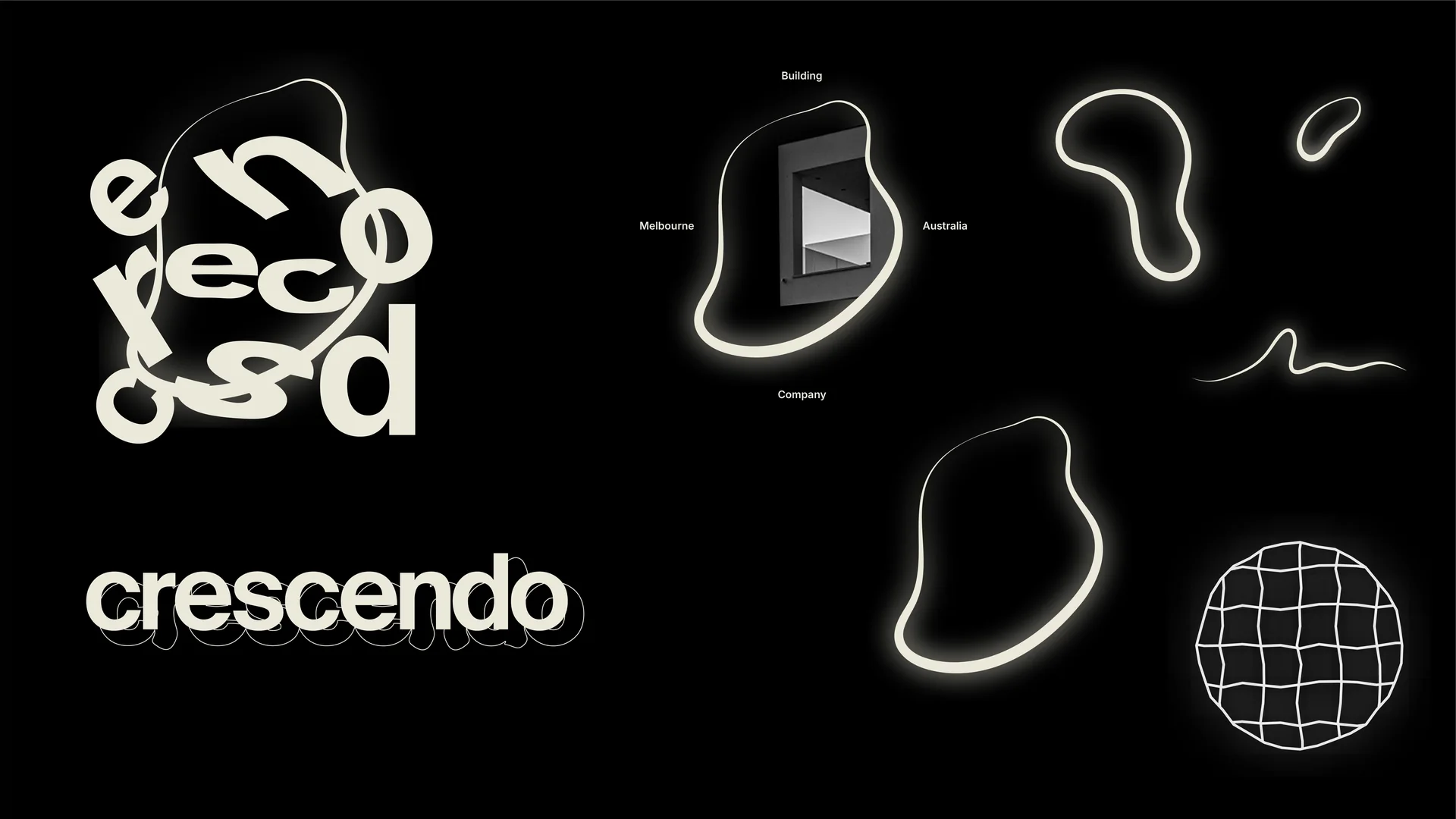 First Crescendo direction. Warped type and glowing shapes