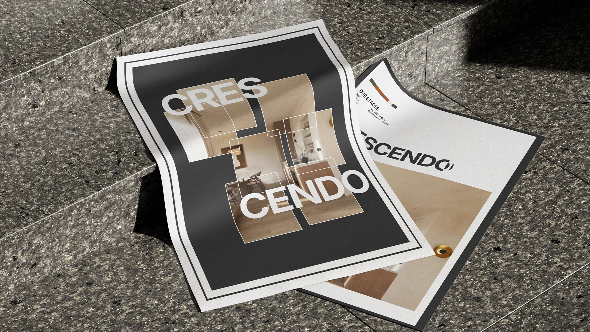 Crescendo posters on granite steps
